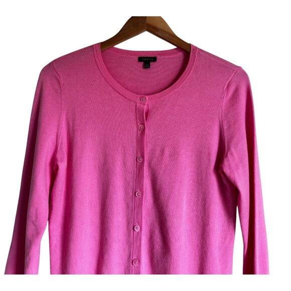Talbots Size Small Bubblegum Barbie Pink Cotton Blend 3/4 Sleeve Classic Cardiga - Picture 3 of 10